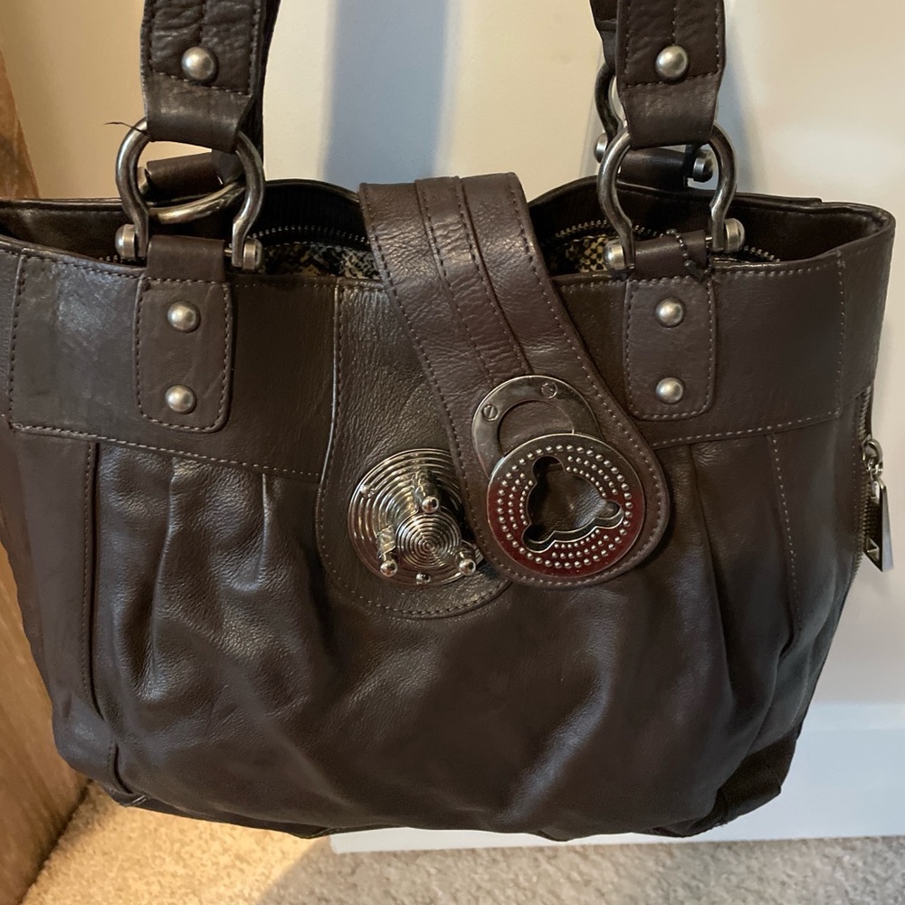 Steve Madden Tote Shoulder Bag Brown Leather Flap Buckle Chrome Hardware